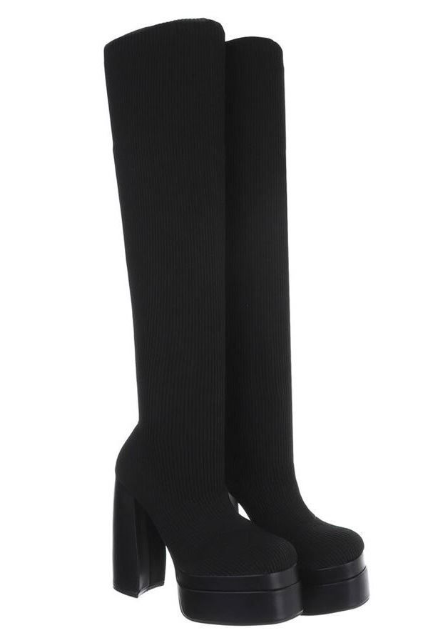 Μπότες Γόνατο Κάλτσα Ψηλό Χοντρό Τακούνι Μαύρες FSW04211