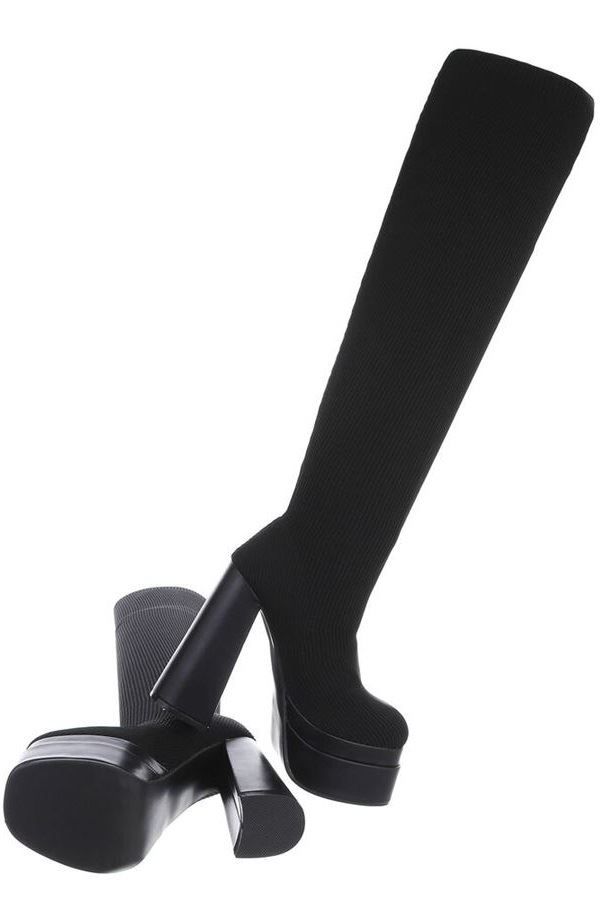 Μπότες Γόνατο Κάλτσα Ψηλό Χοντρό Τακούνι Μαύρες FSW04211