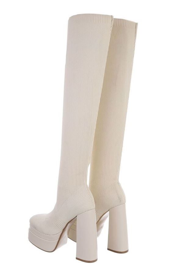 Μπότες Γόνατο Κάλτσα Ψηλό Χοντρό Τακούνι Μπεζ FSW04211