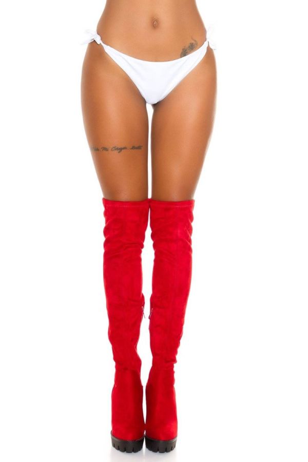 boots over knee thick heel red.
