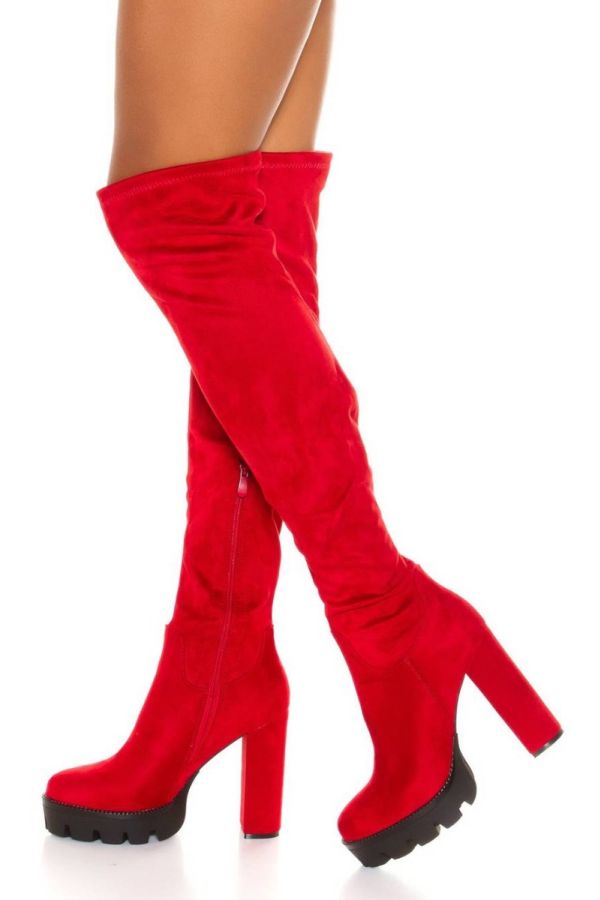 boots over knee thick heel red.