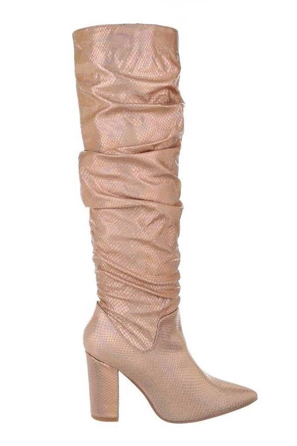 Boots Fold Thick Heel Croco Champagne FSWK01581