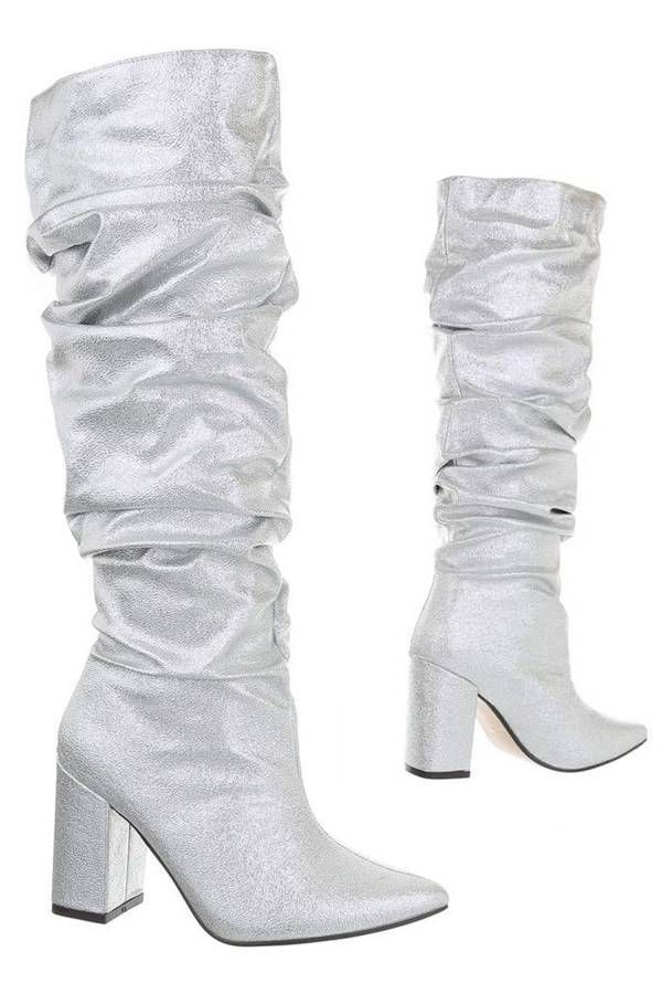 Boots Fold Thick Heel Metallic Silver FSW9P121