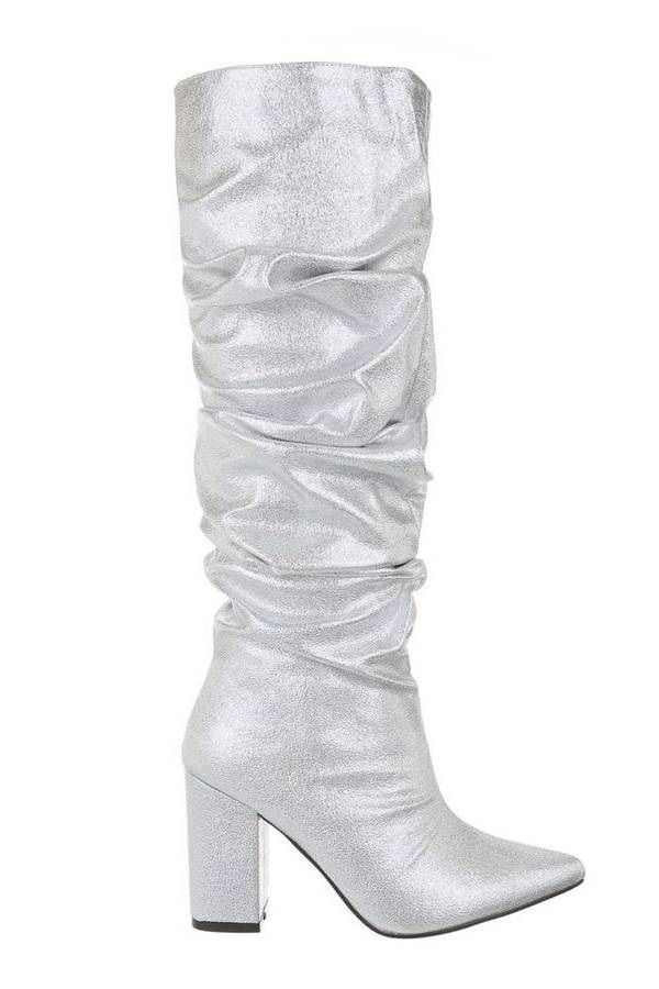 Boots Fold Thick Heel Metallic Silver FSW9P121