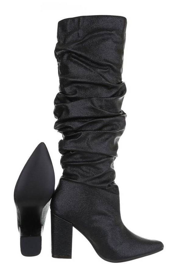 boots fold thick heel metallic black.