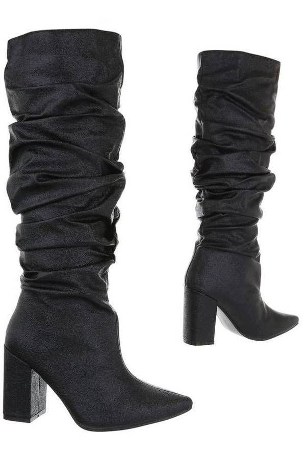 boots fold thick heel metallic black.