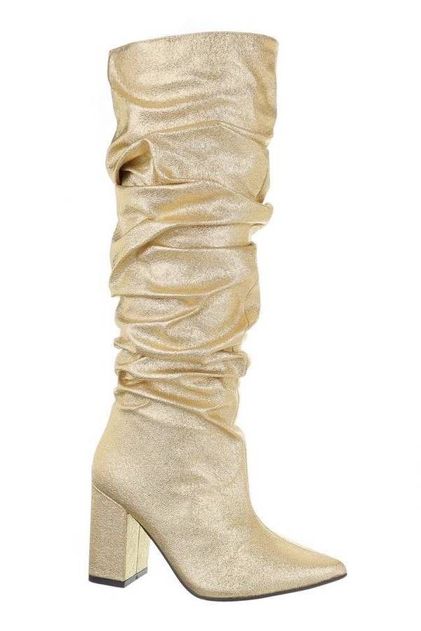 boots fold thick heel metallic gold.
