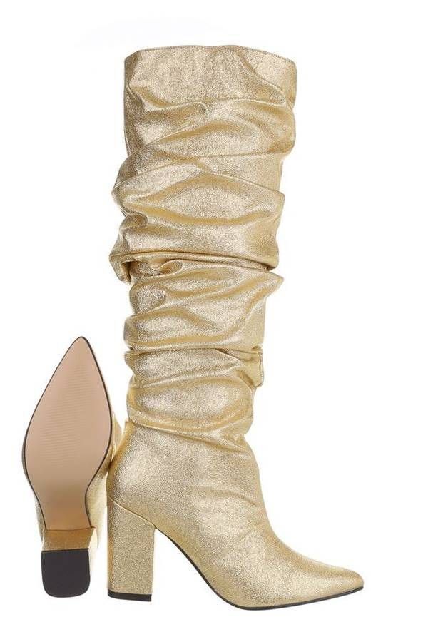 boots fold thick heel metallic gold.