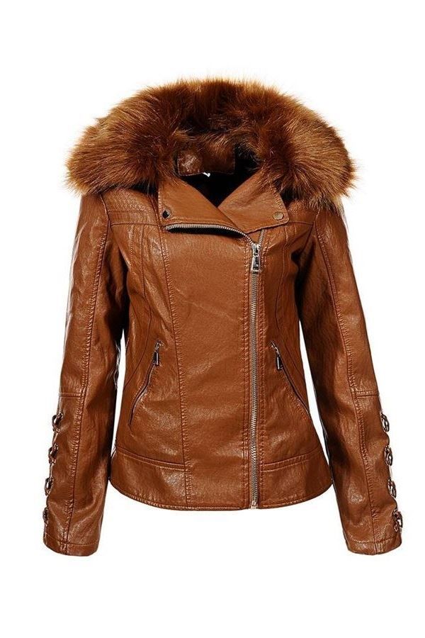 jacket fur lapel leatherette camel.