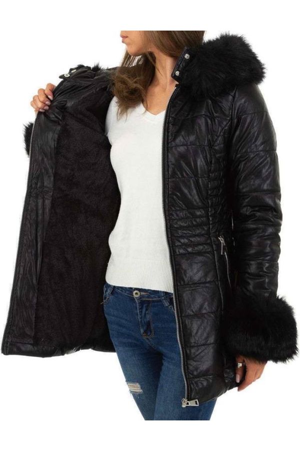 jacket leatherette fur hood black.