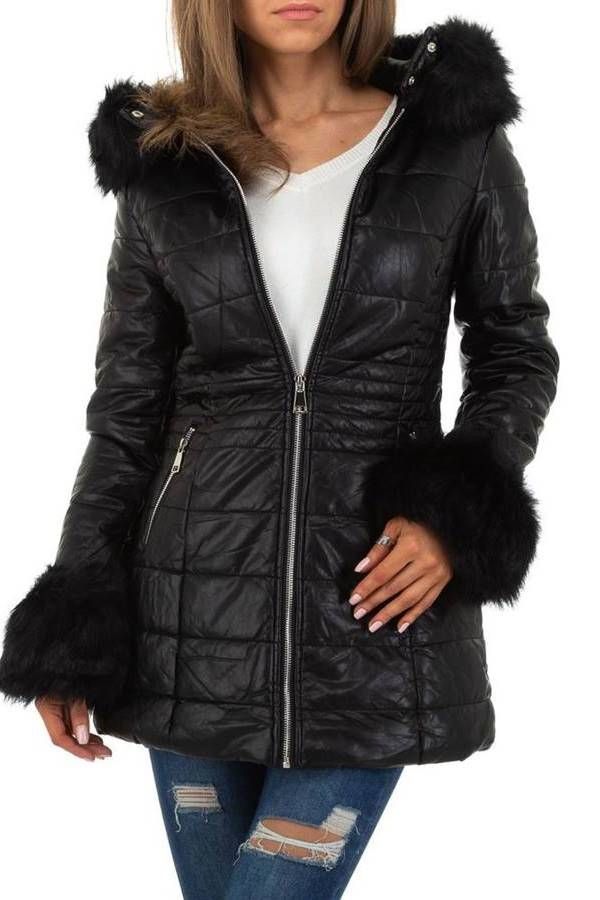Jacket Leatherette Fur Hood Black FSW54104