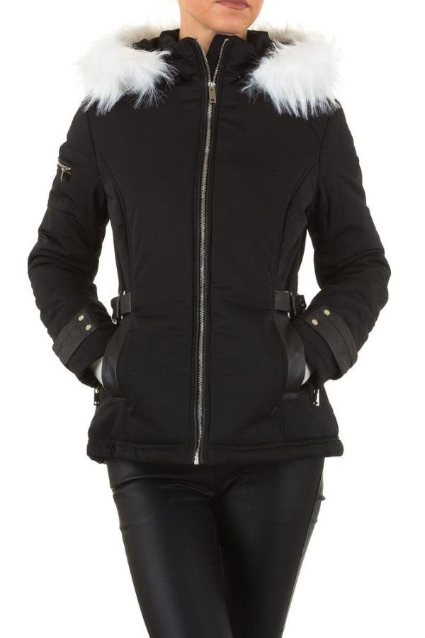 Jacket Short Padded White Fur Hood Black FSWS9091