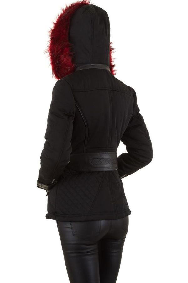 Jacket Short Padded Red Fur Hood Black FSWS9091