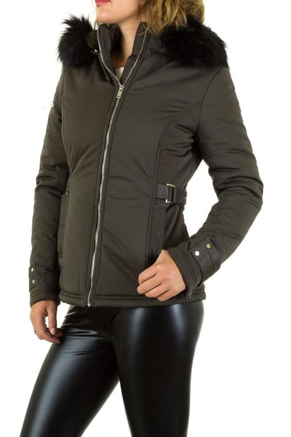 Jacket Short Padded Black Fur Hood Khaki