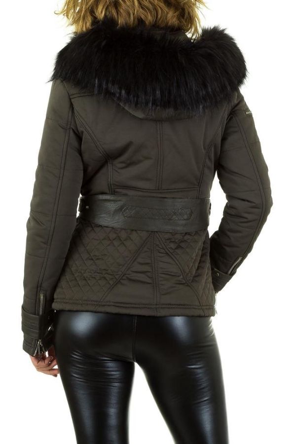 Jacket Short Padded Black Fur Hood Khaki FSWS9091