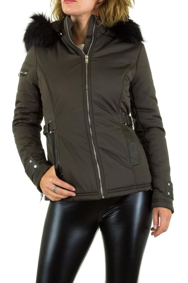 Jacket Short Padded Black Fur Hood Khaki FSWS9091