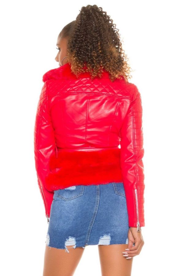 jacket fur biker leatherette red.