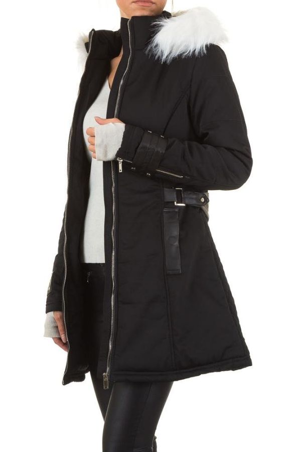 Jacket Parka Padded White Fur Hood Black FSWS9101