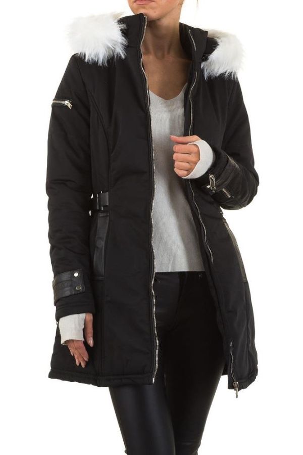 Jacket Parka Padded White Fur Hood Black FSWS9101