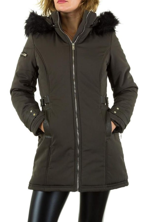 Jacket Parka Padded Black Fur Hood Khaki FSWS9101