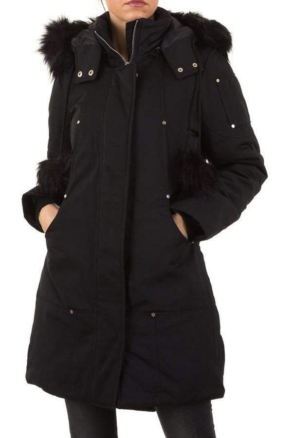 Jacket Parka Long Padded Fur Hood Black FSWS9391