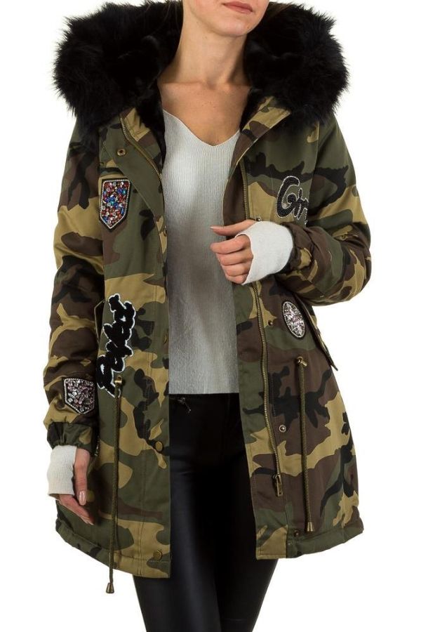 Parka Jacket Long Black Fur Hood Camouflage FSWWS923D1