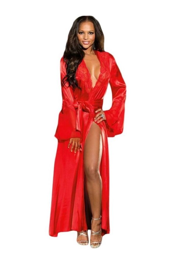 μακρύ σατέν κόκκινο νυχτικό φόρεμα σέξυ με μακρυά μανίκια και δαντέλα.