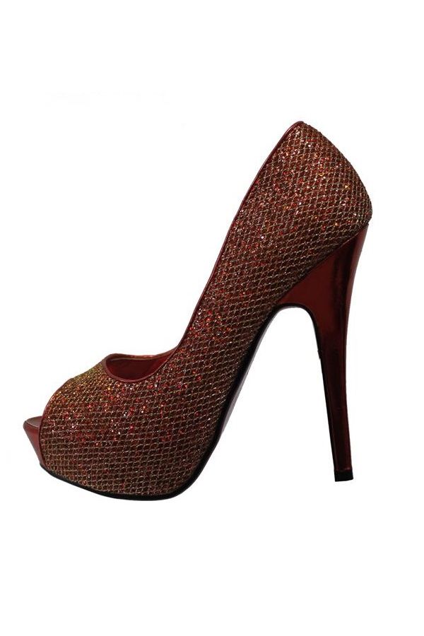 formal peep toes pumps decorated with glitter red gold