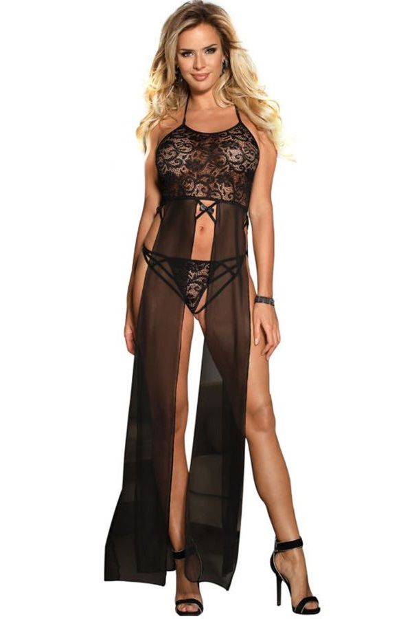 NIGHTDRESS LONG SEXY TRANSPARENCY STRING LACE BLACK DRED220784