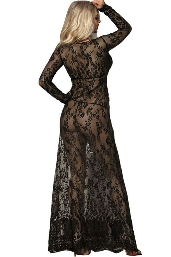 νυχτικό φόρεμα μακρύ δαντελωτό σέξι μακριά μανίκια μαύρο.