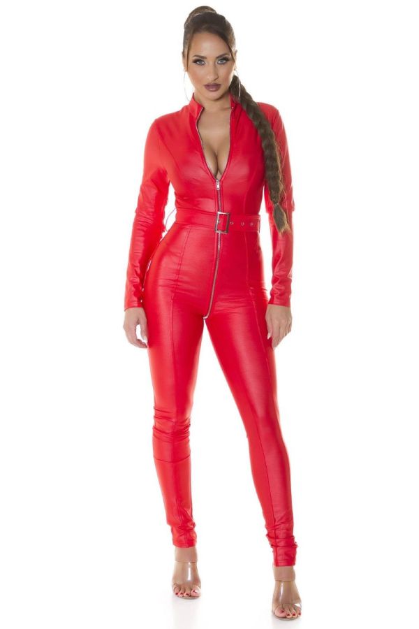 jumpsuit silver zip leatherette red.