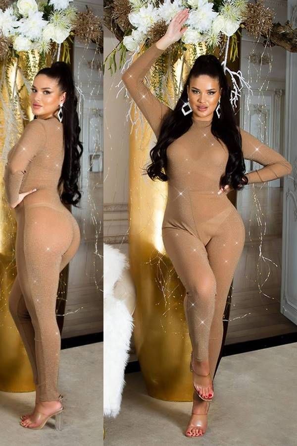 Jumpsuit Sexy Transparency Glitter Cappuccino ISDV2064211