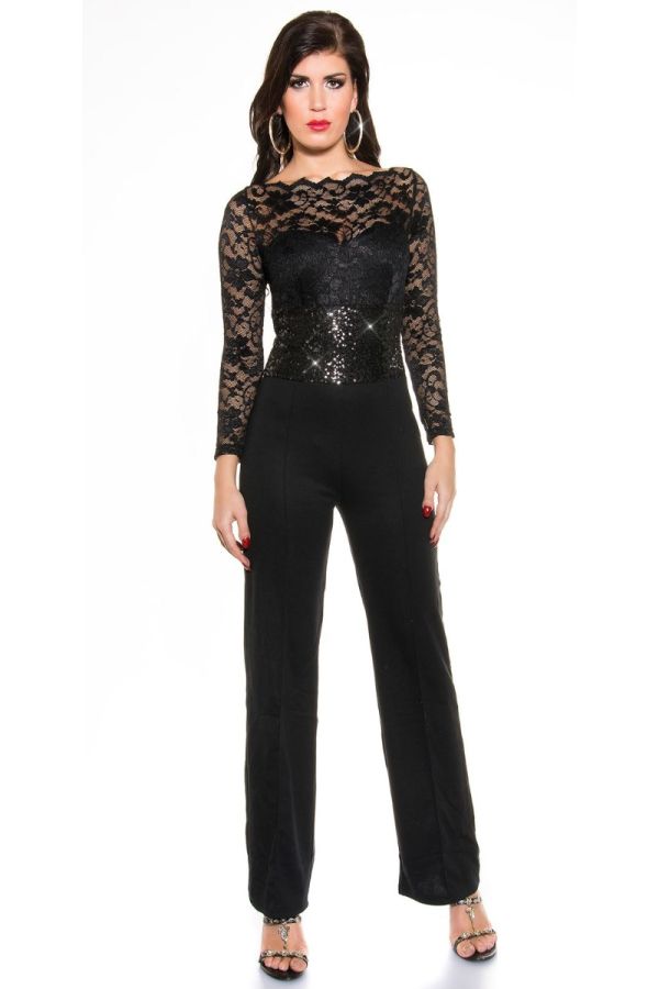 black jumpsuit long sleeves lace sequins