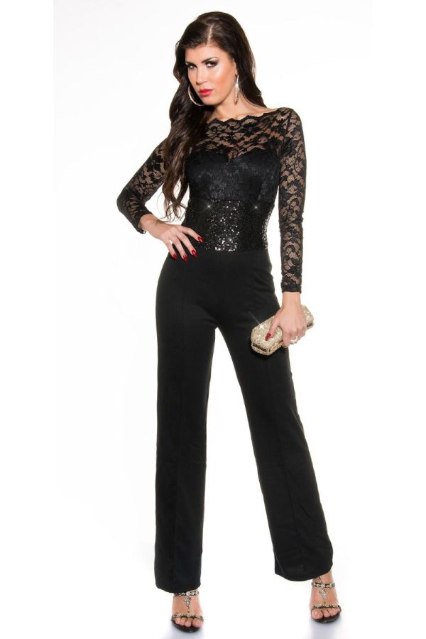 black jumpsuit long sleeves lace sequins