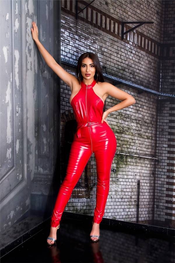 jumpsuit sexy zipper leatherette red.