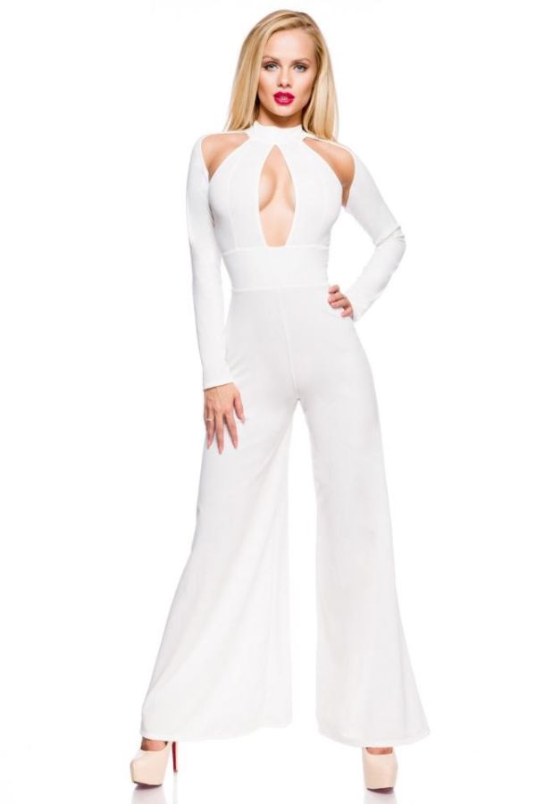jumpsuit formal sexy wide legs cutouts white.