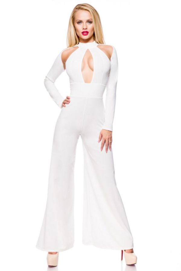 JUMPSUIT FORMAL SEXY WIDE LEGS CUTOUTS WHITE DAT2060018