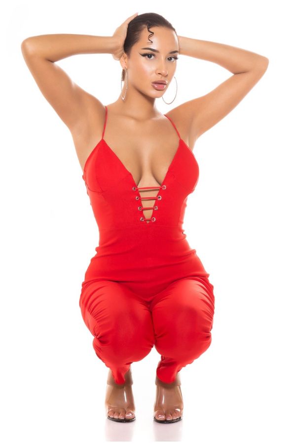 ολόσωμη φόρμα σέξι ντεκολτέ αμάνικη κόκκινη.