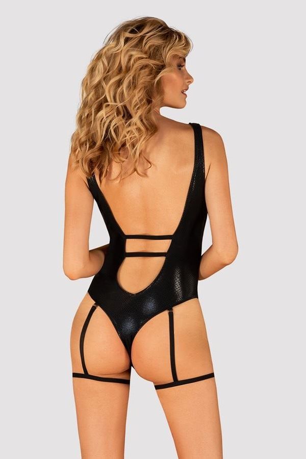 string one piece swimsuit sexy garters shiny black.