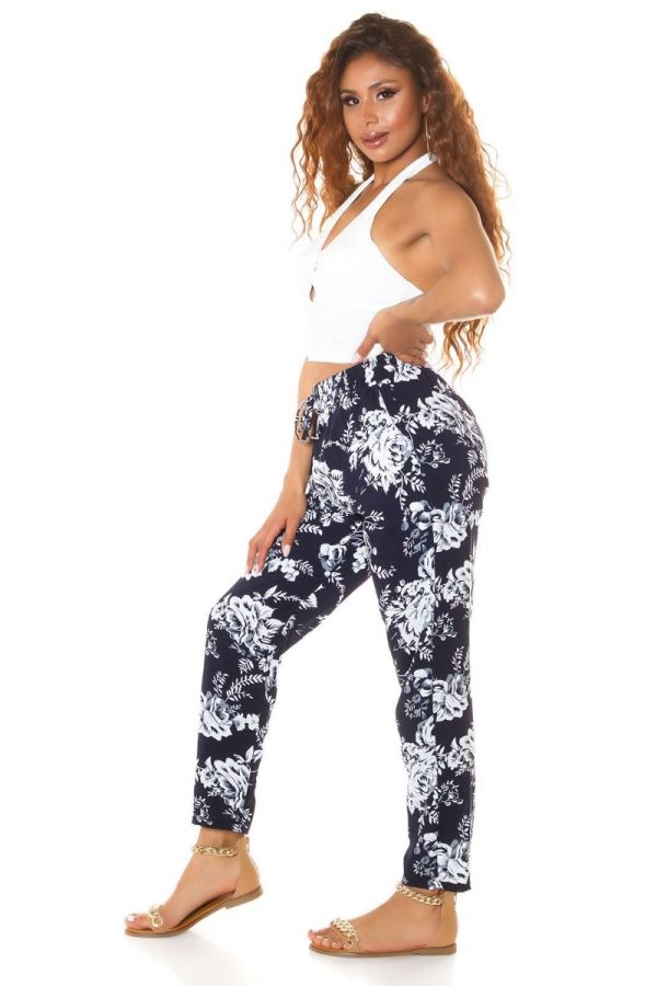 Trouser Wide Elastic Waist Band Cords Floral Blue ISDH5310