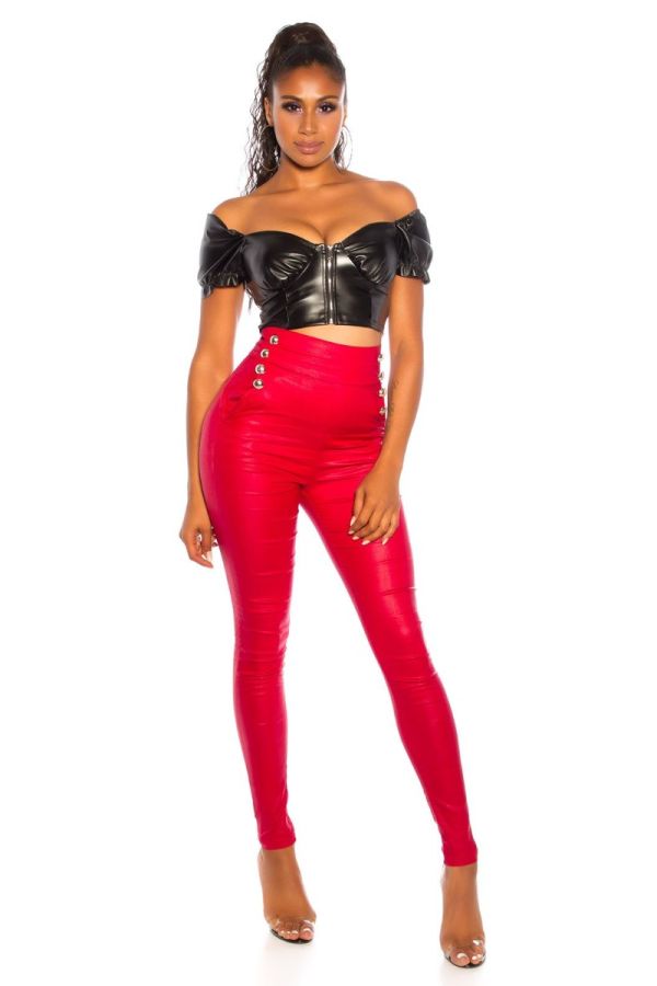 PANTS HIGH WAIST BUTTONS SHINY RED ISDH96057