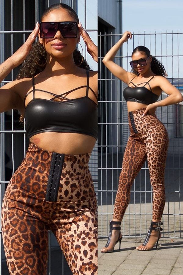 Pants High Waist Corset Style Leopard Brown ISDLE1031