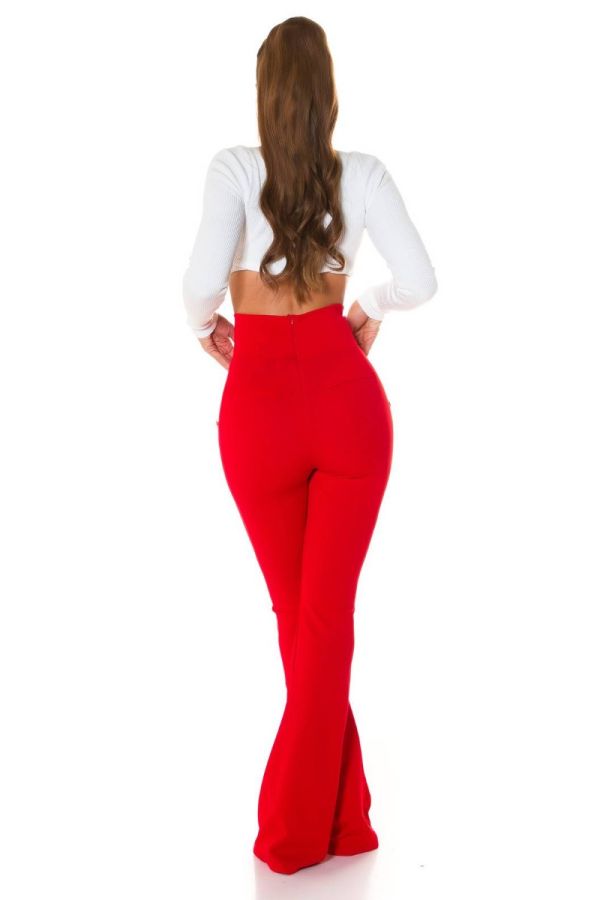 Pants Wide Legs High Waist Buttons Red ISDH34278