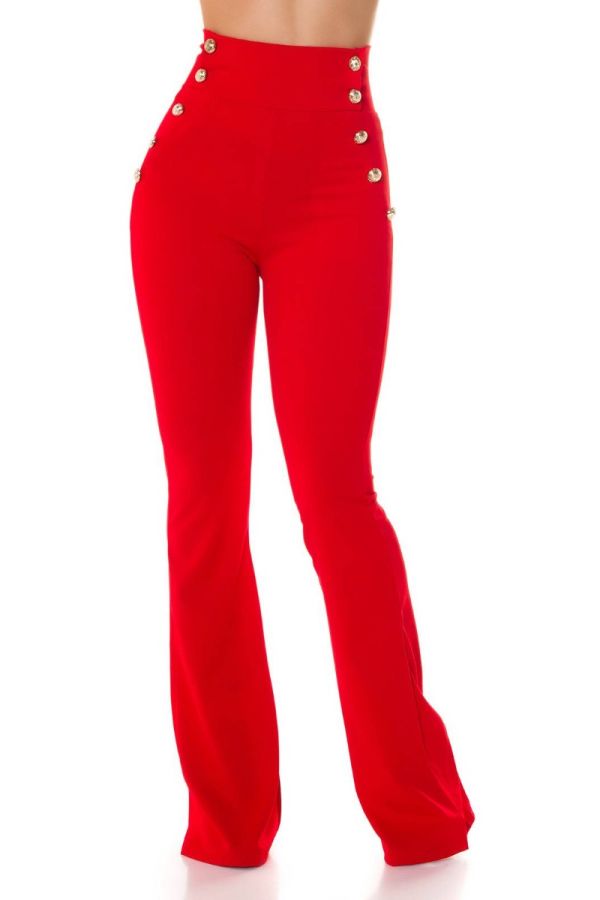 pants wide legs high waist buttons red.