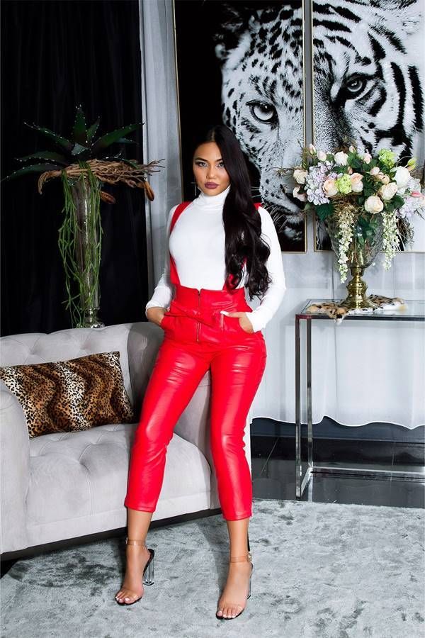 pants dungaree leatherette high waist red.