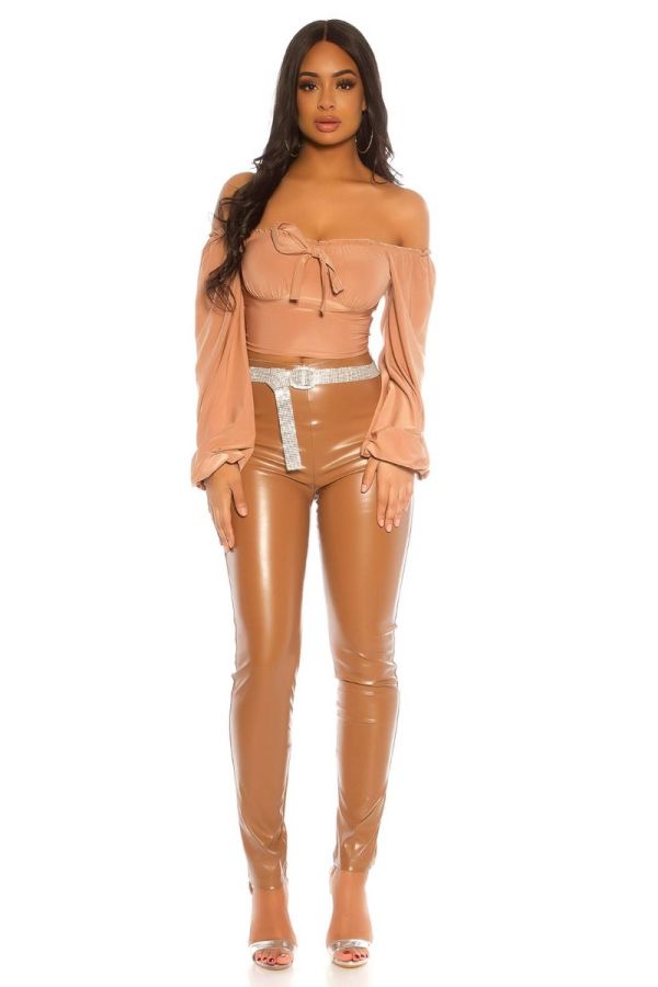TROUSERS LEATHERETTE SEXY HIGH WAIST CAMEL ISDH201001