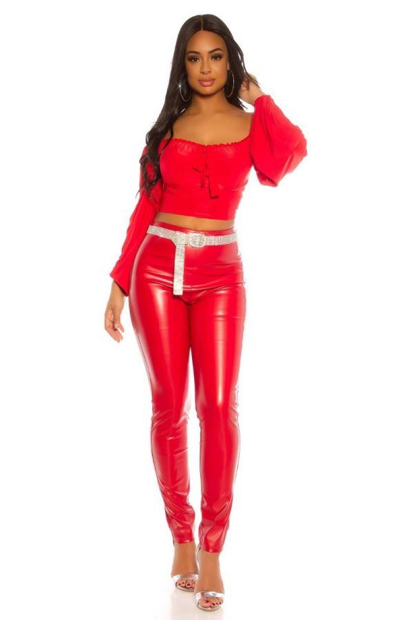 TROUSERS LEATHERETTE SEXY HIGH WAIST RED ISDH201001