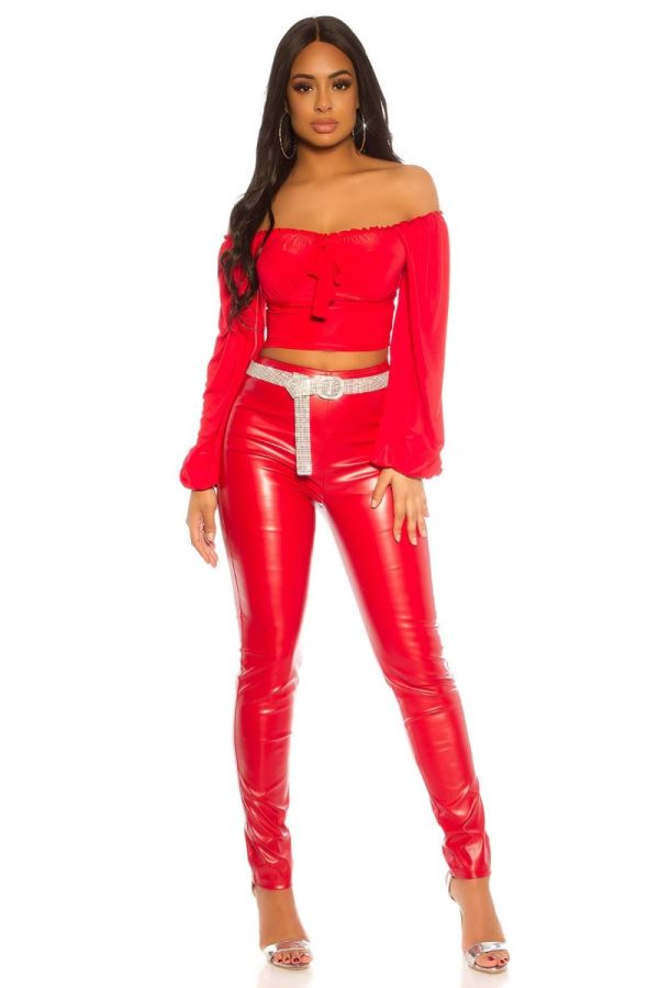 TROUSERS LEATHERETTE SEXY HIGH WAIST RED ISDH201001