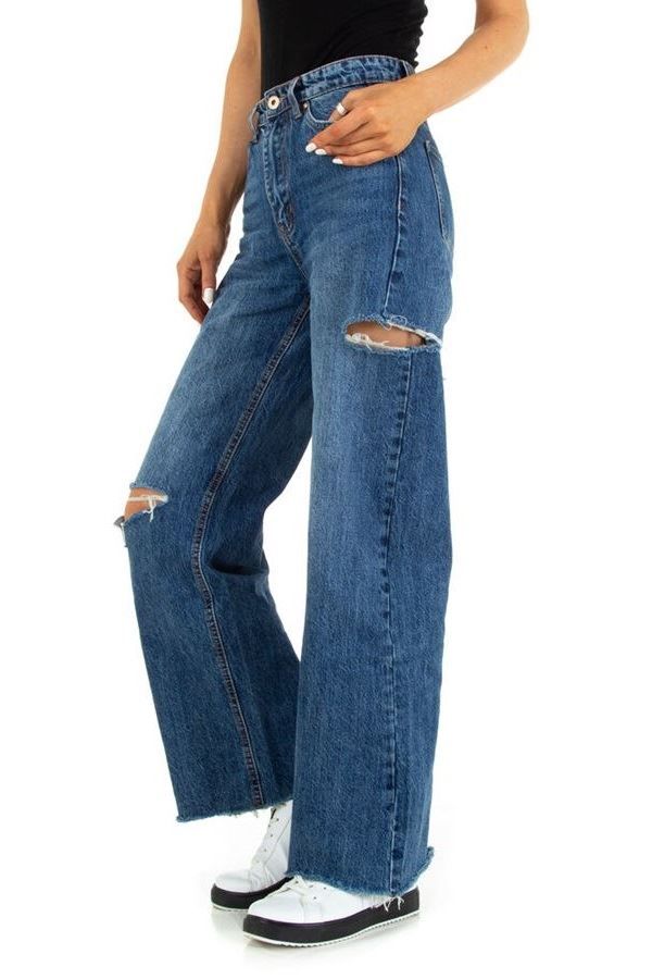 jean pants baggy cutouts wide legs-blue | Nuova Moda