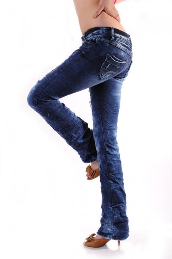 pants jean with wide legs cutouts and strass blue